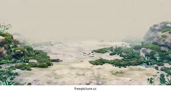 Foggy Landscape with Moss Covered Rocks