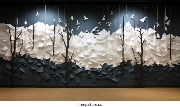 A forest of paper cutouts with origami birds flying above them