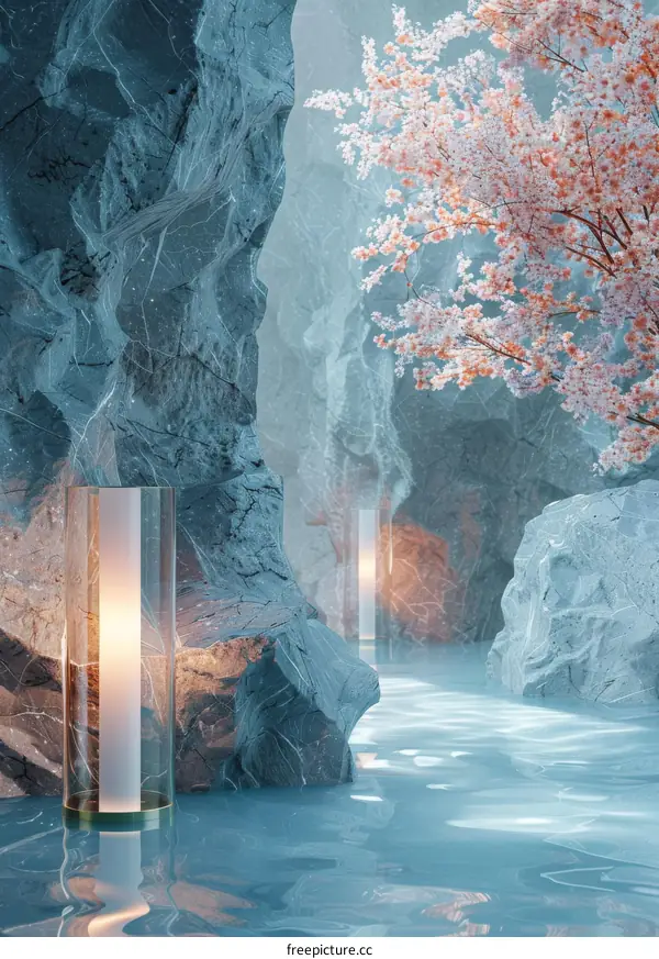 Mystical Spring Waterway with Cherry Blossoms