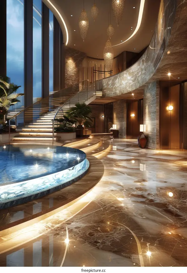 Luxury Hotel Lobby Interior with Marble Staircase and Chandelier