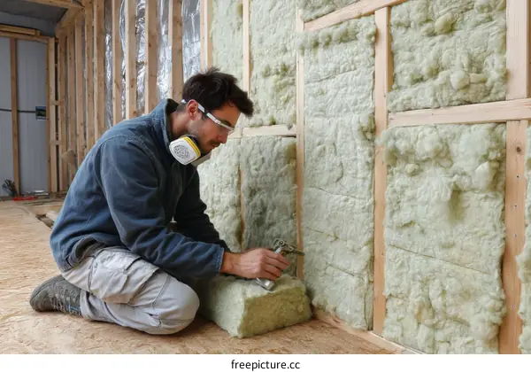 Construction Worker Installing Insulation in a Structure