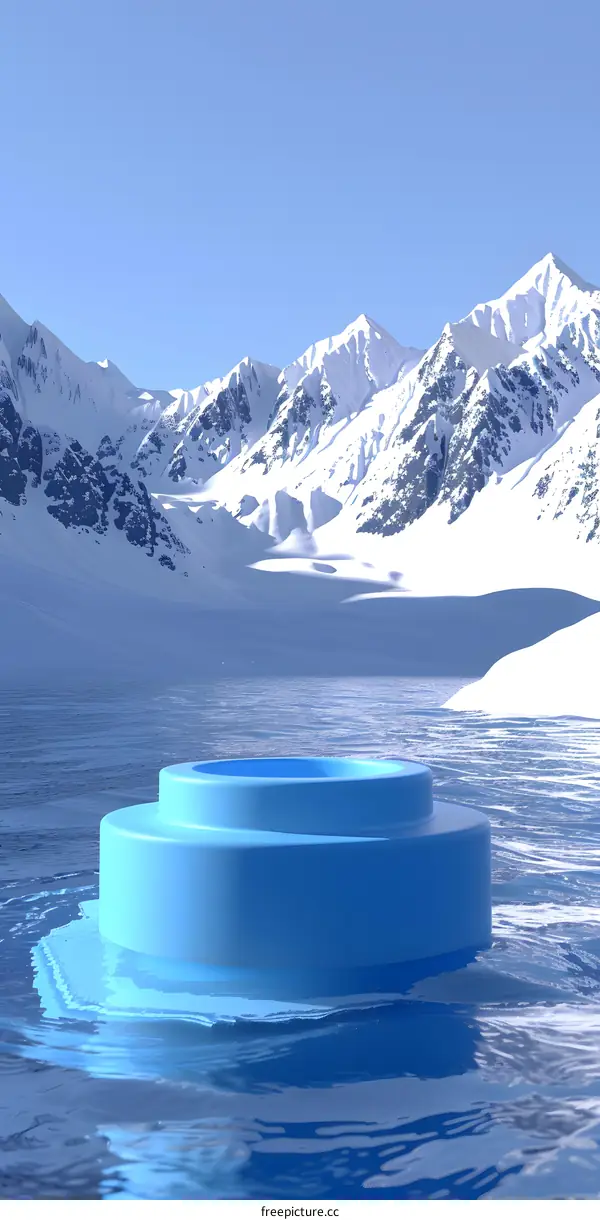Blue Platform Floating On Water In Front Of Snowy Mountains