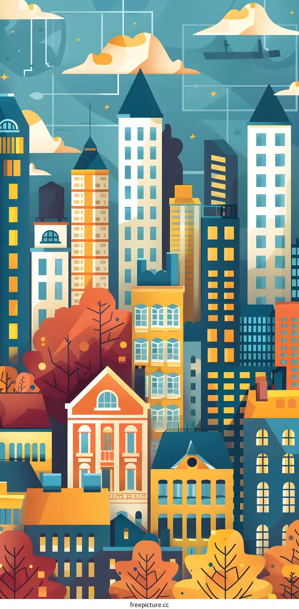 Modern Cityscape Illustration With Buildings And Trees