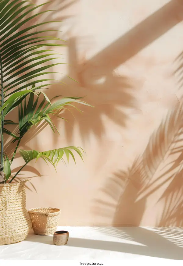 Minimalist Palm Tree Shadow  On A Beige Wall Background