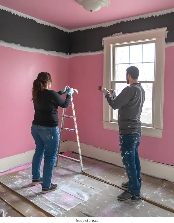 Couple Painting a Room with Pink and Black Walls