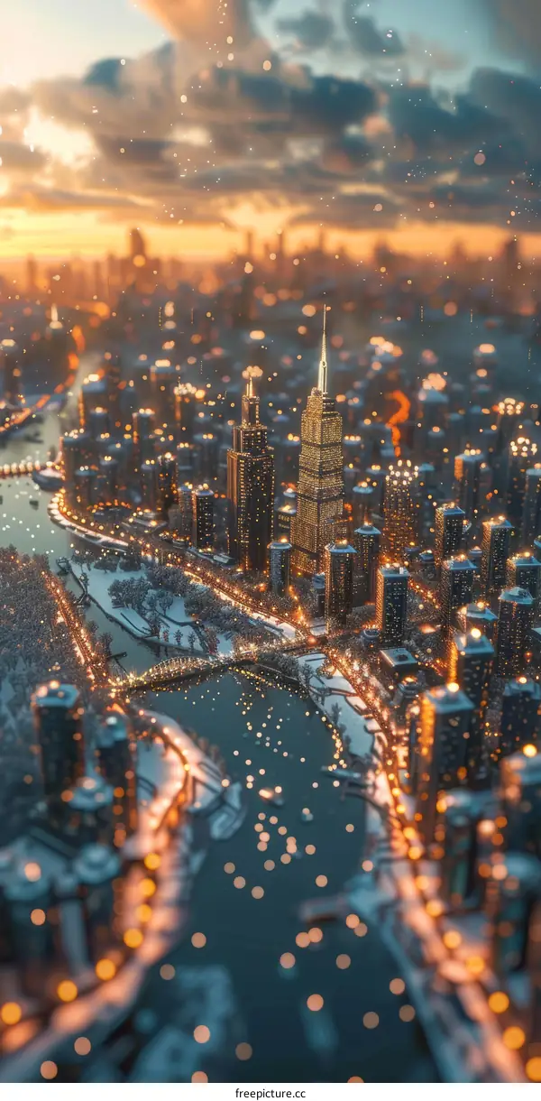 Winter Cityscape Aerial View Illustration