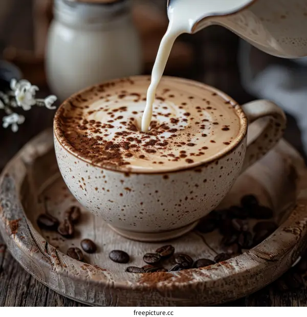 Pouring milk into a cup of coffee