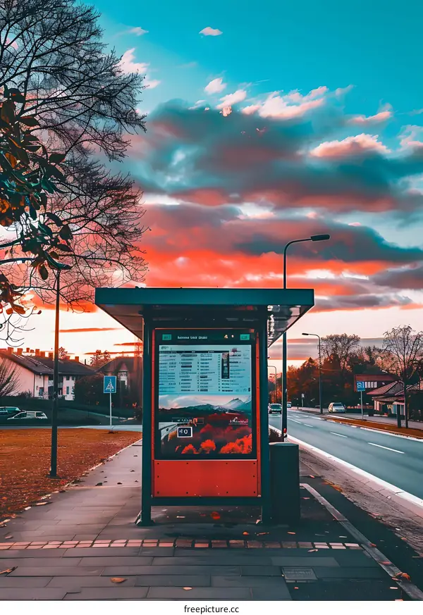 Bus Stop Under a Colorful Sunset Sky