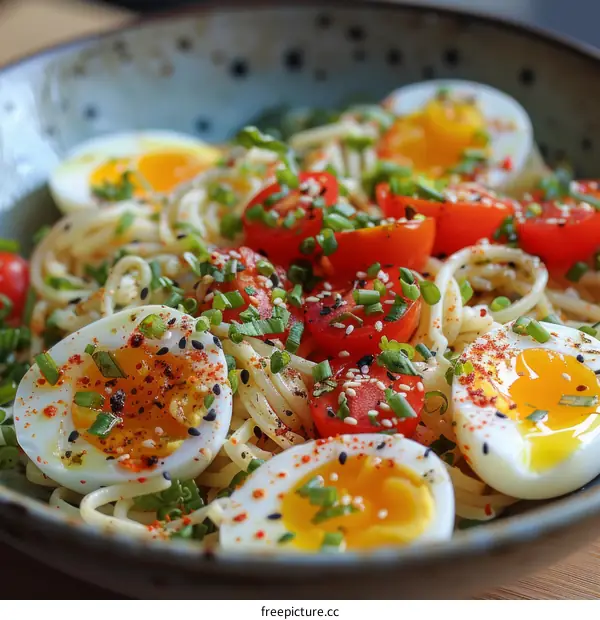 Cold spicy noodles with soy sauce marinated egg