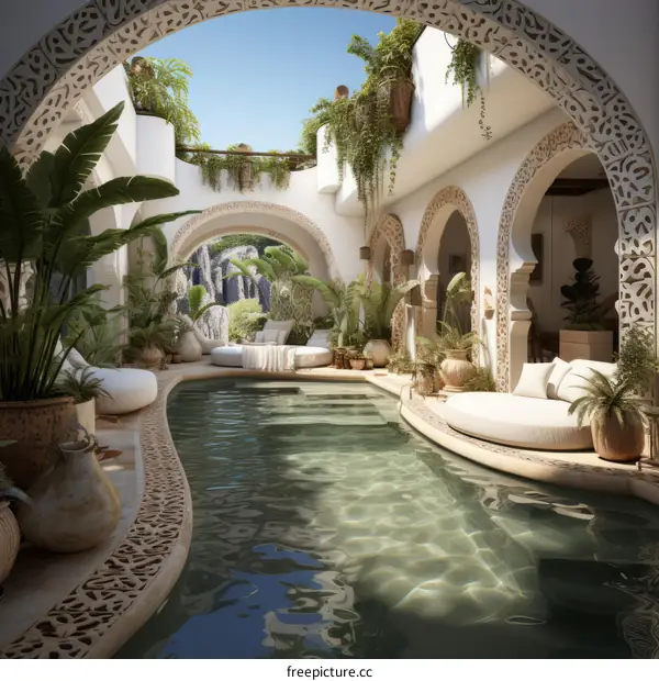Indoor pool with Moroccan architecture