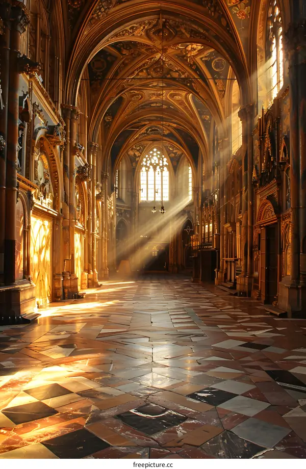 Sunlit church interior with ornate columns and stained glass windows
