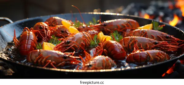 A delicious plate of crayfish with orange slices and parsley