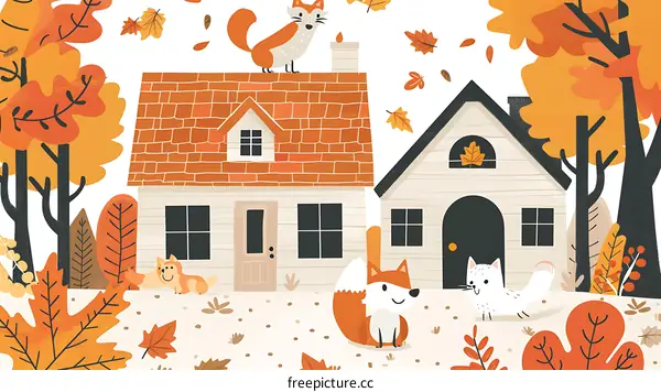 Autumn Fox and Cat Illustration With Houses