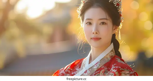 Portrait of a young Korean woman in traditional Korean dress