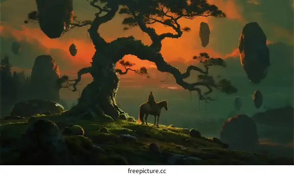 Mysterious Ancient Tree with Floating Stones and Horse Rider at Sunset