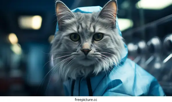 A gray cat wearing a blue raincoat