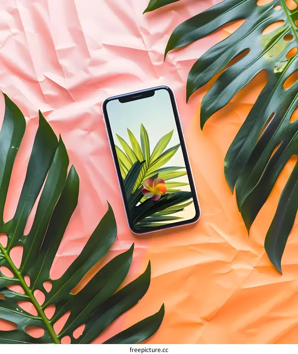 Smartphone with Tropical Leaves Background