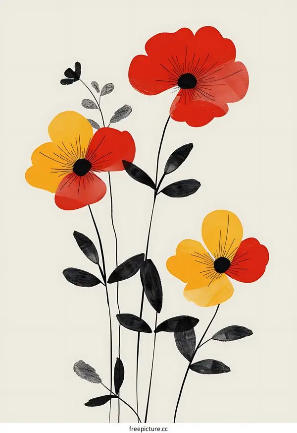 Abstract Floral Illustration with Red and Yellow Flowers