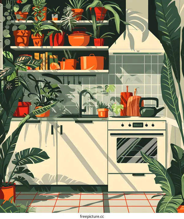 Kitchen Interior With Green Plants And Sunlight