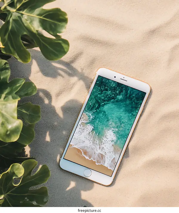 Beach Scene on a Smartphone Screen in the Sand