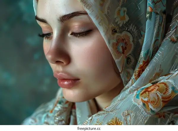 Closeup Portrait of a Woman Wearing a Decorative Headscarf