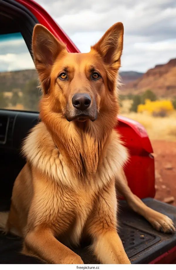 Portrait of a dog sitting in the back of a red pickup truck