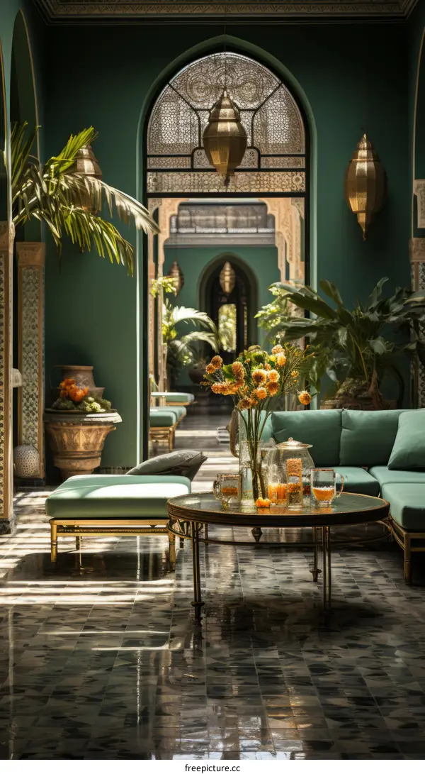 A Moroccan courtyard with a green wall, tiled floor, and arched doorways