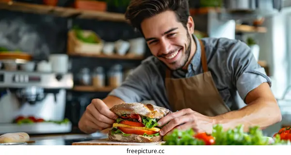 Smiling young man making sandwich in kitchen