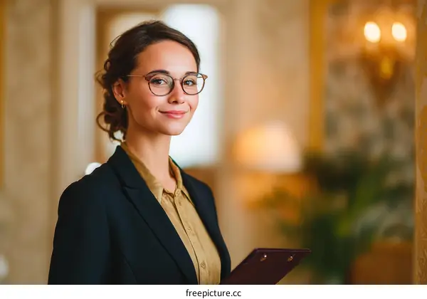 A Young Professional Woman in Formal Attire Holding Clipboard
