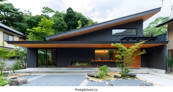 Modern Black House with Wooden Accents and Garden