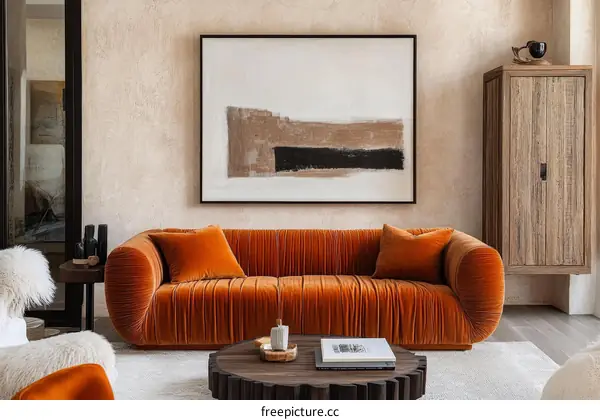 Modern Living Room with Orange Sofa and Abstract Art