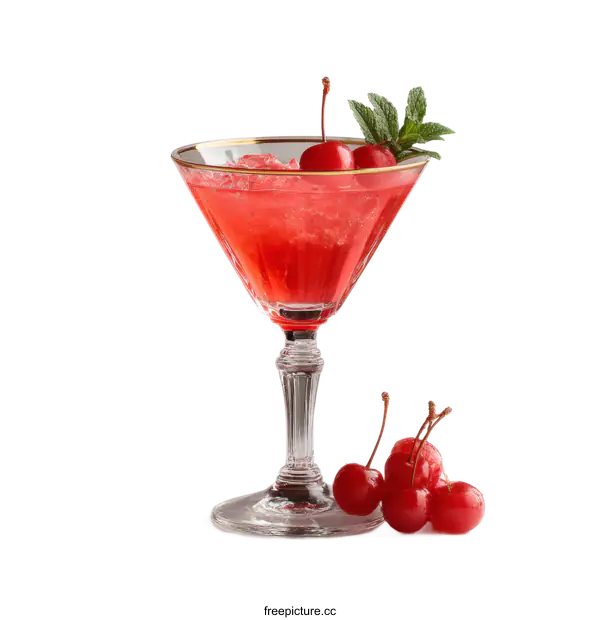 [Transparent Background PNG]Red Cocktail with Cherries and Mint