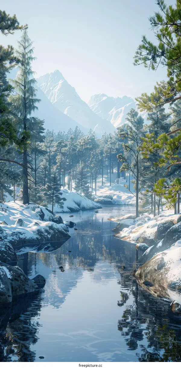 Snow-covered pine trees and mountains with a river in between