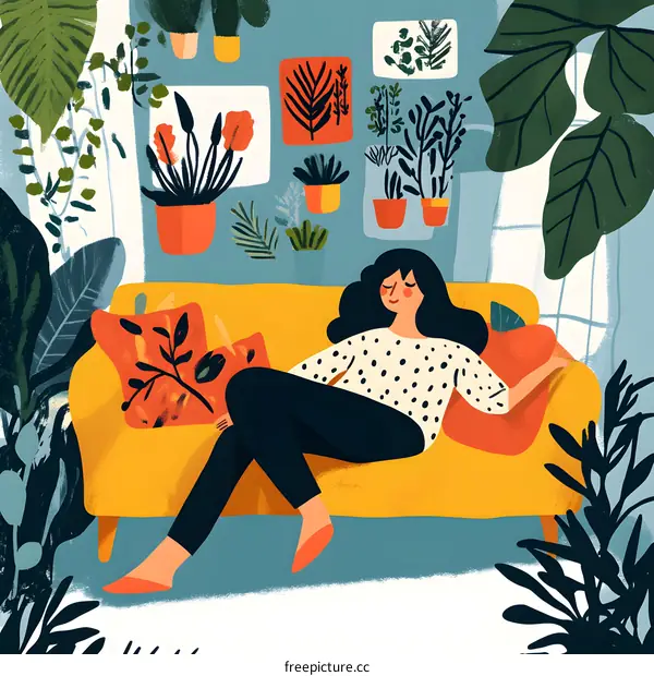 Woman Relaxing On Sofa Surrounded By Plants