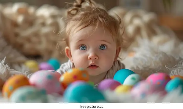 Baby girl with blue eyes lying on a blanket with colorful Easter eggs