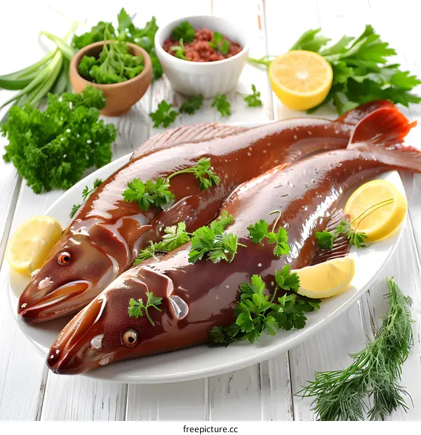 Two fresh fish on a white plate with lemon and parsley