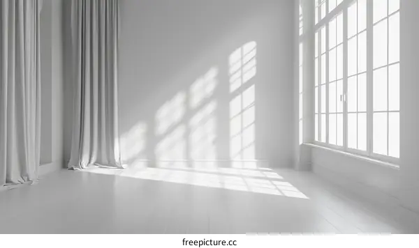Bright empty room with large windows and white walls