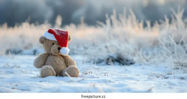 Lonely Teddy Bear in Snow with Red Santa Hat