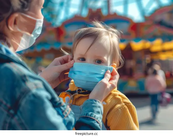 Mother putting a mask on her toddler in the park