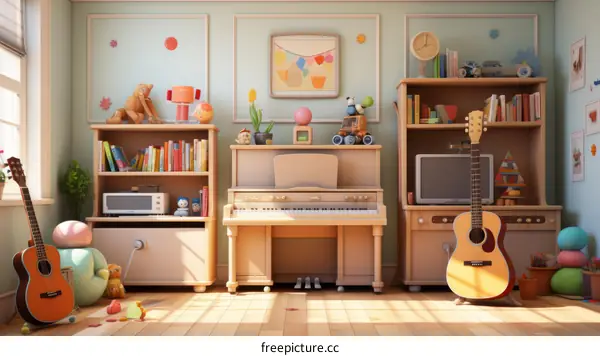 A Bright and Colorful Playroom with a Piano, Guitar, and Bookshelf