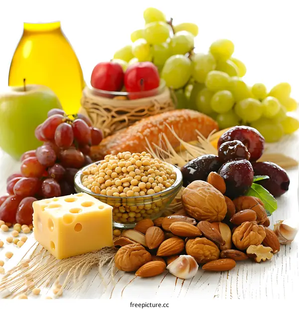 Healthy Food Group Arrangement on White Wooden Surface