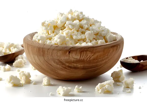 Wooden bowl full of crumbled white cheese