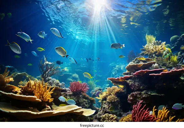 Underwater view of a coral reef with many types of fish swimming around
