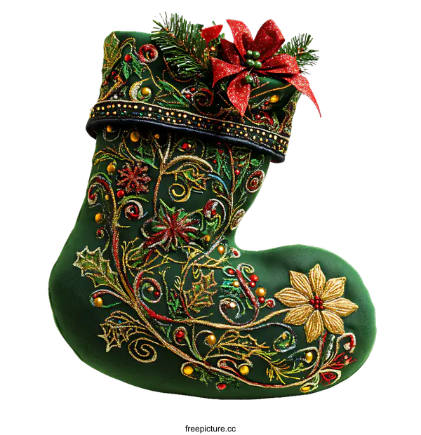 [Transparent Background PNG]Ornate Christmas Stocking Decorated with Embroidery and Beads