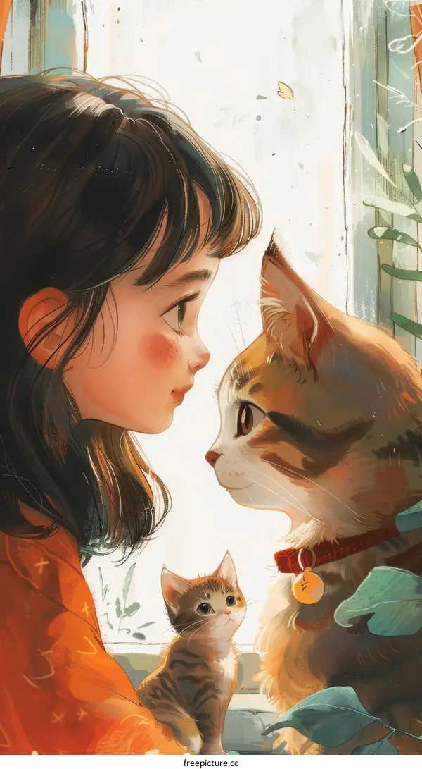 A girl and her cat are looking at each other