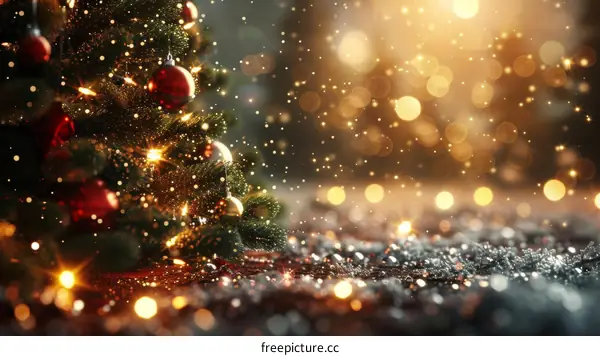 Christmas Tree with Red and Gold Ornaments on a Blurred Background