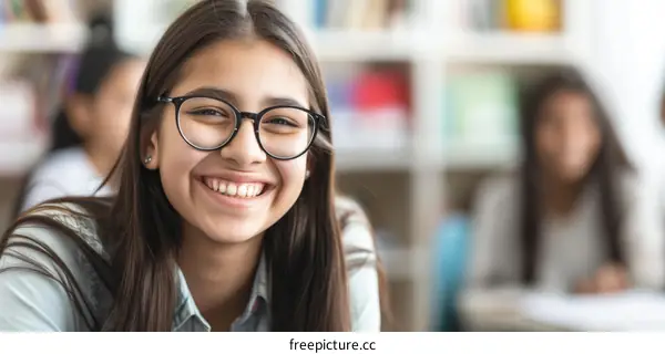 Portrait of a smiling Indian teenage girl wearing glasses in a classroom