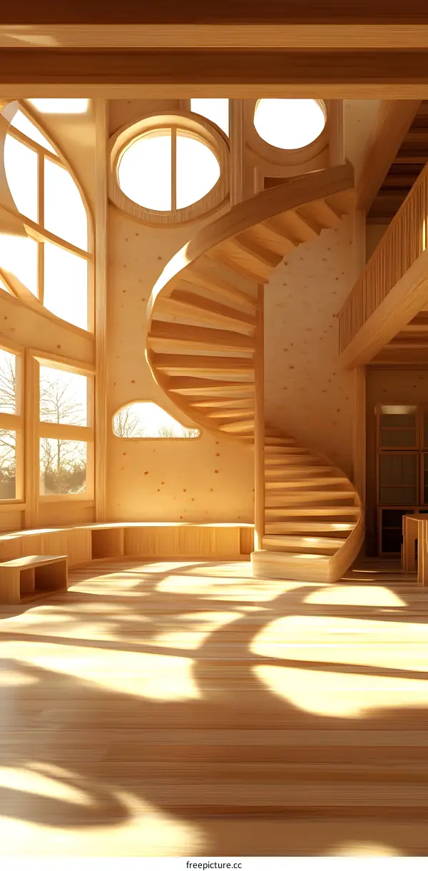 Wooden Spiral Staircase Interior Design With Large Windows