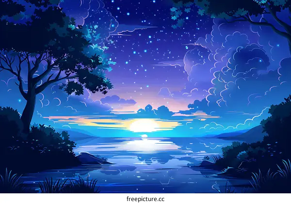 Night Sky Landscape with Stars and Clouds