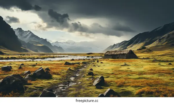 Thatched roof hut in a valley surrounded by mountains
